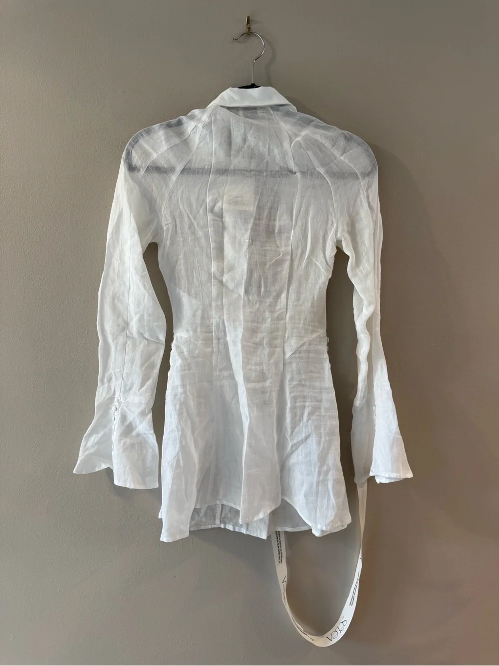 White Button-Front Long-Sleeve Linen Mini Dress